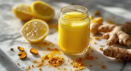Turmeric Ginger Lemon Wellness Shot on Marble