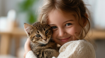 Little girl with joyful expression hugging tabby cat faceless, bright airy home, tender moment of child and domestic pet friendship, pet owner, defocused background, with copy spac