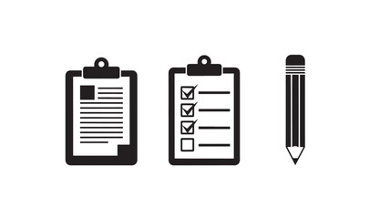 Clipboard and Pen Icons in Simple Flat Design with Black Color on White Background for UI Elements