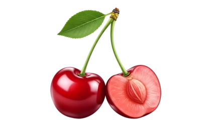 Fresh cherries with green leaf on black background