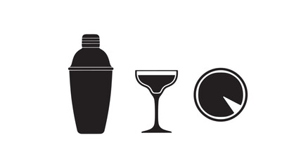 Cocktail Shaker and Martini Glass with Pie Chart in Minimalist Monochrome Style for Advertising