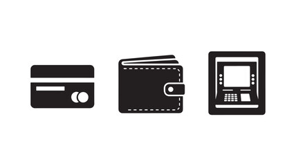 Obraz premium Black credit card, wallet, and atm icons in simple flat design with white details for financial interface