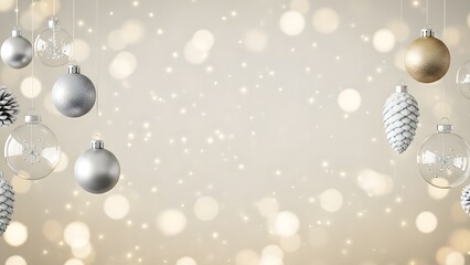 Panoramic Christmas banner with crystal hanging decorations and pine greenery in a festive scene