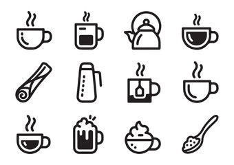 Outline icons for hot beverages like tea and coffee, minimalist design