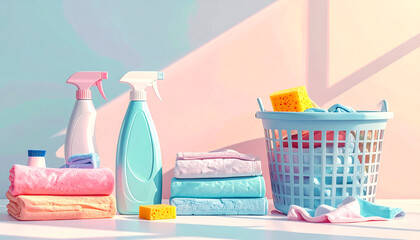Daily life home organization concept with folded clothes, laundry basket, cleaning spray, sponge, soft pastel colors, minimal modern style, isolated on soft background