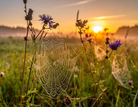 Cobwebs on Wildflowers at Sunset in Field. - Powered by Adobe