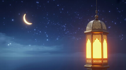 Islamic ramadan lantern glowing under a starry night sky with a crescent moon