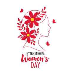 International Womens Day Illustration of Woman with Red Flowers in Hair on a white Background
