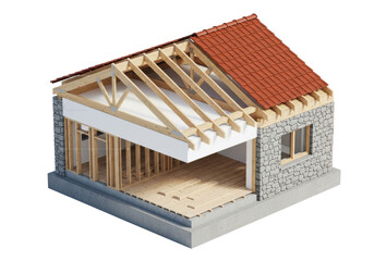 precise 3d isometric architectural cross-section diagram showing layered residential wall construction: stone, foam insulation, wood studs, and terracotta tiles on white. concept of structural