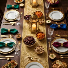 Luxurious Ramadan Iftar Table Setting with Dates Lanterns and Gold Cutlery Top View
