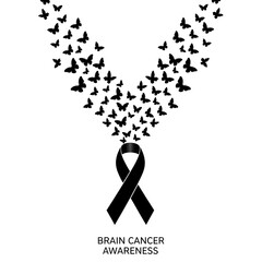 Black Ribbon with Butterflies for Brain Cancer Awareness on a white Background