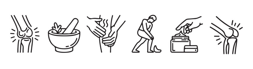 Joint pain relief icons showing anatomy mortar pestle massage application and medical balm for healthcare education