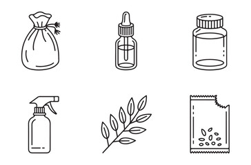 Set of simple line art icons representing herbal remedies including pouch dropper jar spray bottle and packaging