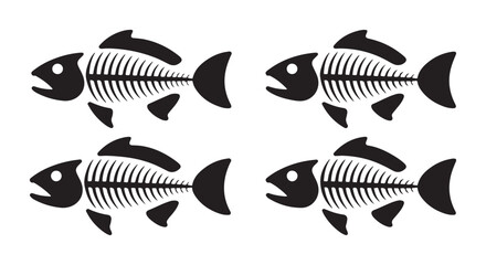 Four black fish bone icons showing different facing directions of skeletal remains in simple graphic style