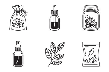 Outline icons for natural products including seed bag dropper jar spray bottle and herbal packaging designs
