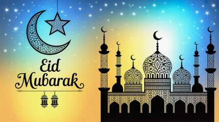 Eid mubarak celebration with a mosque and crescent moon under a starry sky