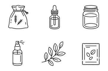 Outline icons representing herbal preparations like seed pouch dropper bottle jar spray bottle and seed packet designs