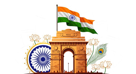 India gate monument with waving national flag and ashoka chakra symbol
