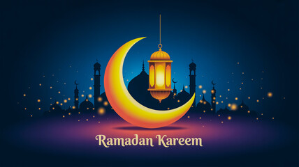 Beautiful ramadan kareem graphic featuring a crescent moon, lantern, and mosque silhouettes with glowing lights