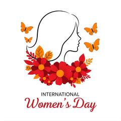 International Womens Day Illustration with Floral Elements and Butterflies on a white Background