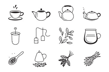 Doodle style line vector icons representing traditional tea ceremony elements including cups teapots and herbal ingredients