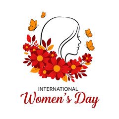 International Womens Day Illustration with Floral Elements and Butterflies on a white Background