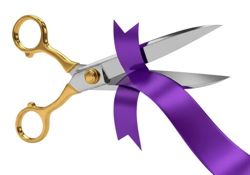 Hyper-realistic 3d rendering of elegant chrome and gold ceremonial scissors precisely severing a thick, reflective amethyst purple ribbon against a stark white background with copy space. Concept of