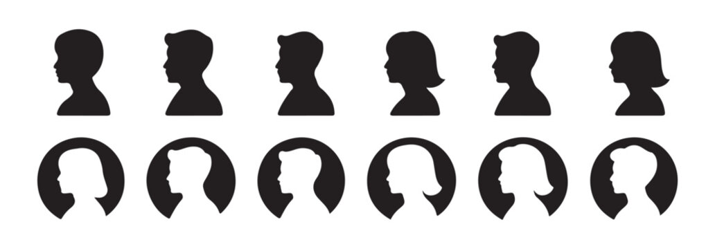Diverse profile head silhouettes in circle frames showing men and women with different hair styles in black color