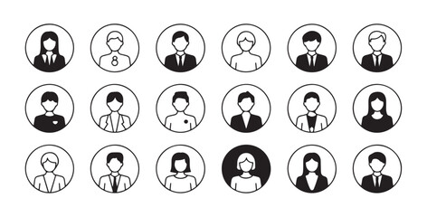 Set of diverse business avatars and professional user icons in round frames including male and female people