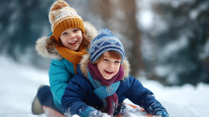 Fototapeta premium Kids sliding down hill together faceless, enjoying winter recreation and fun, laughing in cold snowy weather, colorful snowsuits and knitted hats, defocused background, with copy s