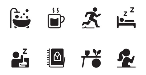 Daily routine icon set featuring self care activities like bathing drinking tea running and sleeping in flat style