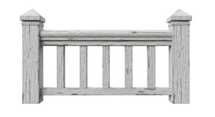 perfectly isolated, weathered wooden balustrade section with peeling white paint, smooth handrail, and finial-capped posts, showcasing material decay concept