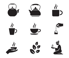 Traditional tea culture icon collection with ceramic kettles steaming mugs tea bags and ceremonial drinking figures