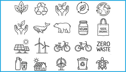 Set of 20 black line icons for eco-friendly living, sustainability, and conservation, ideal for vector illustration content © Hafeza