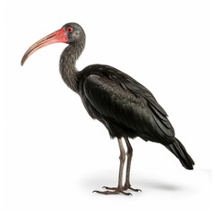 Fototapeta premium Large Black Ibis with Red Facial Patch and Highly Curved Crimson Beak Against White Background