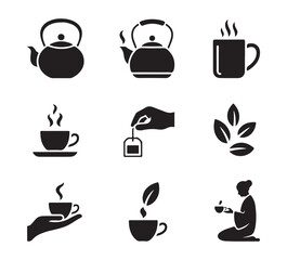Black glyph icons of tea making ceremony, hot beverage preparation, and tea time essentials on white background