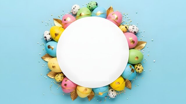 Pastel Easter Flat Lay: White Round Copy Space Surrounded by Patterned Eggs and Sprinkles on Blue Background - Powered by Adobe