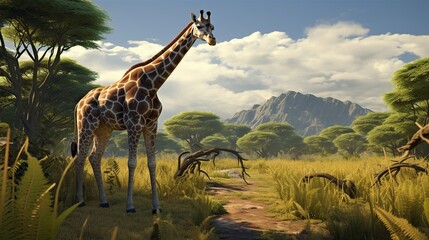 Obraz premium Giraffes on a sunlit savanna with distant mountains and acacia trees in view