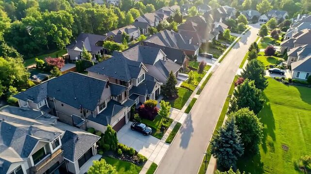 Aerial view showcases a row of modern homes nestled among lush green trees and manicured lawns.