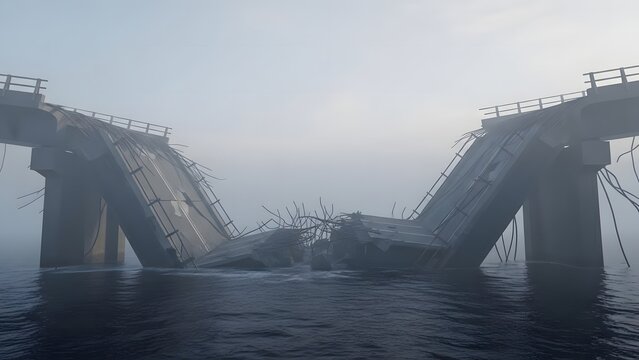 Collapsed bridge over dark waters on a foggy day with visible wreckage and debris scattered around the scene