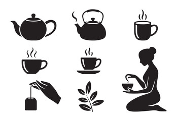 Collection of black glyph icons illustrating tea preparation, hot beverages, and tea ceremony elements on white