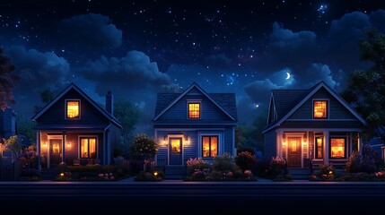 Nighttime view of residential street with illuminated houses