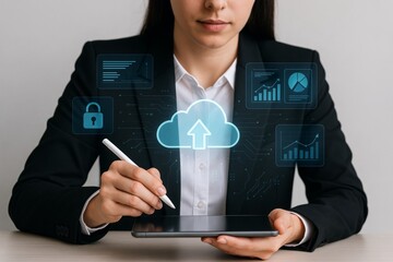 Businesswoman using tablet with stylus and cloud computing technology interface icons, including data upload and cybersecurity graphics overlayed. Ai generative
