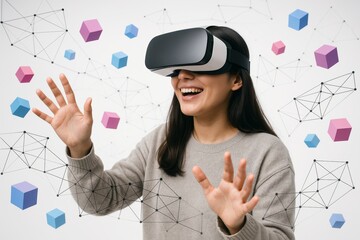 Woman using virtual reality headset with floating geometric cubes and connected digital mesh in futuristic immersive environment concept. Ai generative