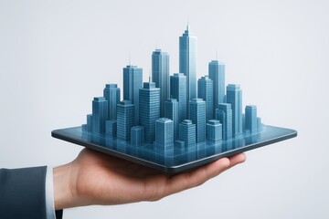 Futuristic digital city model emerging from tablet held by hand, illustrating smart city development and virtual urban planning technology concept. Ai generative