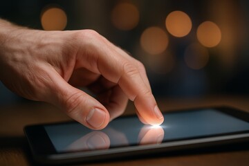 Close-up of hand interacting with digital tablet screen through touch gesture, illustrating modern technology interface concept in warm ambient light. Ai generative