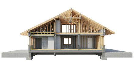 hyper-detailed 3d architectural rendering of a modern residential house cross-section, orthographic view, exposing foundation, structural layers, wood trusses, and insulation. concept of precision