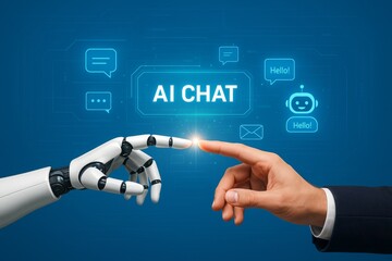 Human hand touching robotic finger with glowing light, AI chat interface and communication icons on futuristic blue background, symbolizing connection concept. Ai generative