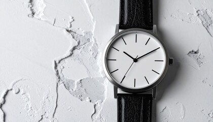 Minimalist Wristwatch with Black Leather Strap on Textured White Background