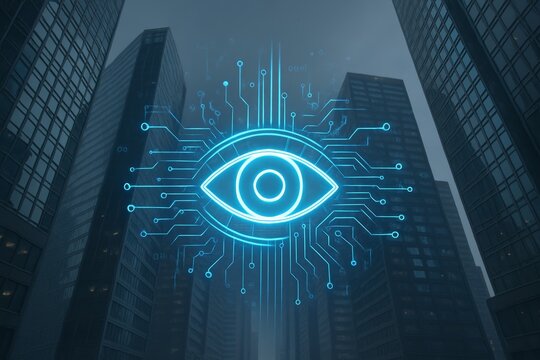Glowing digital eye symbolizing surveillance and artificial intelligence technology concept on dark cityscape background with futuristic circuit lines. Ai generative - Powered by Adobe